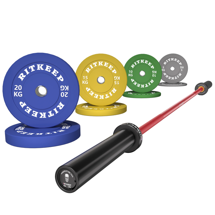 230/340 LB 2" Colored Bumper Weight Plate Set & Olympic Barbell Package
