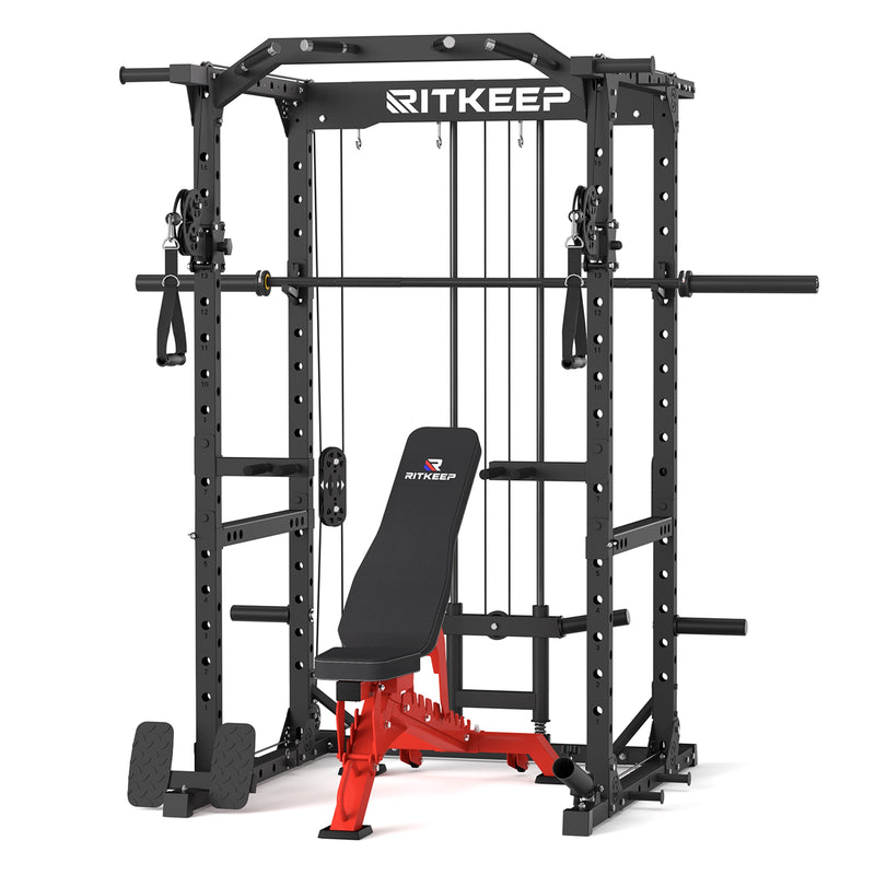 RitKeep Black Destroyer M10 Home Gym Power Rack With Pulley System, red RAB 3000 Weight bench and barbell combo