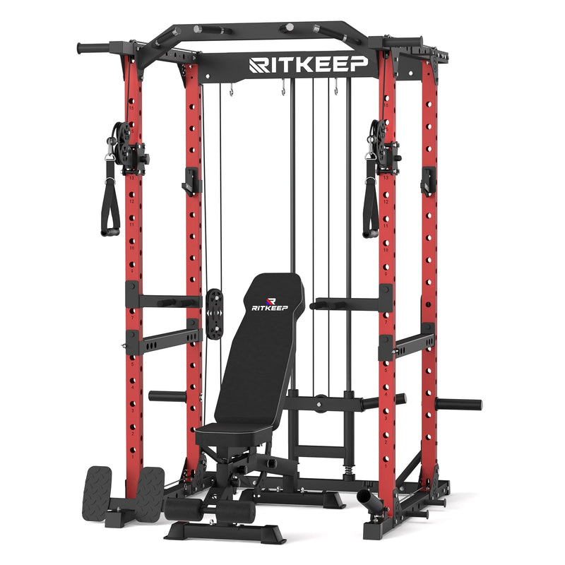 RitKeep Destroyer M10 Home Gym Power Rack With Pulley System in red with Black RAB 2000 Weight bench combo