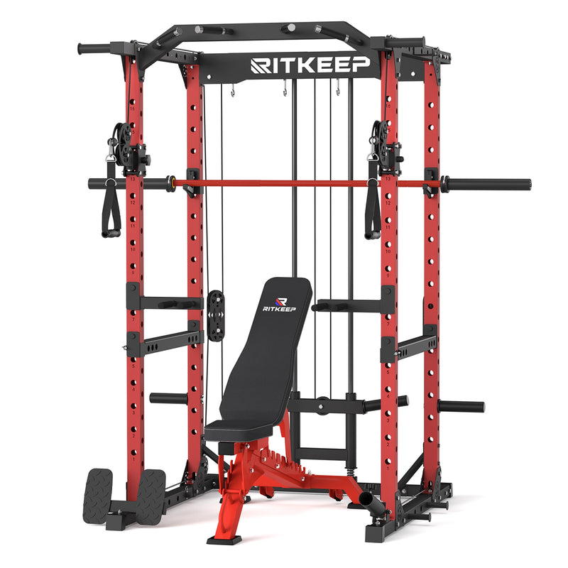 RitKeep Destroyer M10 Home Gym Power Rack With Pulley System in red with weight bench and barbell combo