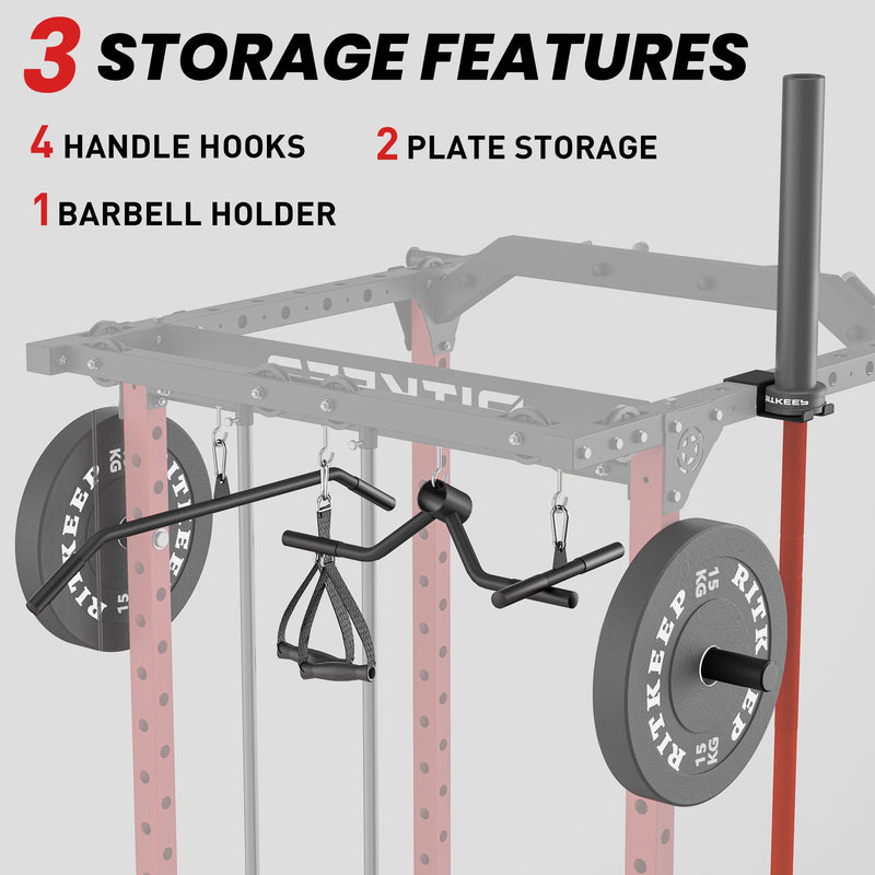 RitKeep Destroyer M10 power rack with pulley system built-in storage with barbell holder, weight plate holder, and attachment hooks.