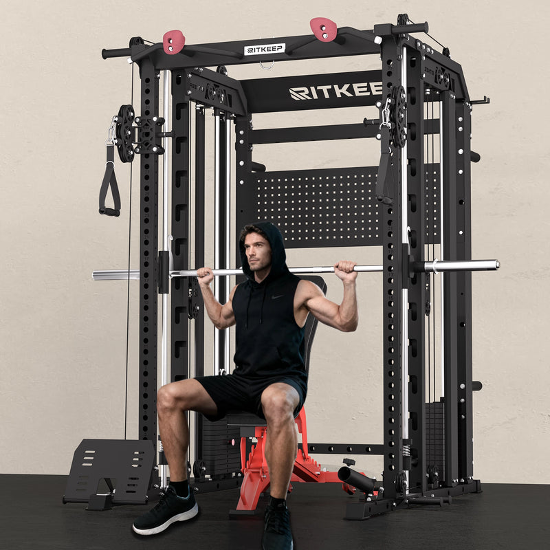 A Man doing shoulder press on RitKeep Nimitz N1 Smith machine