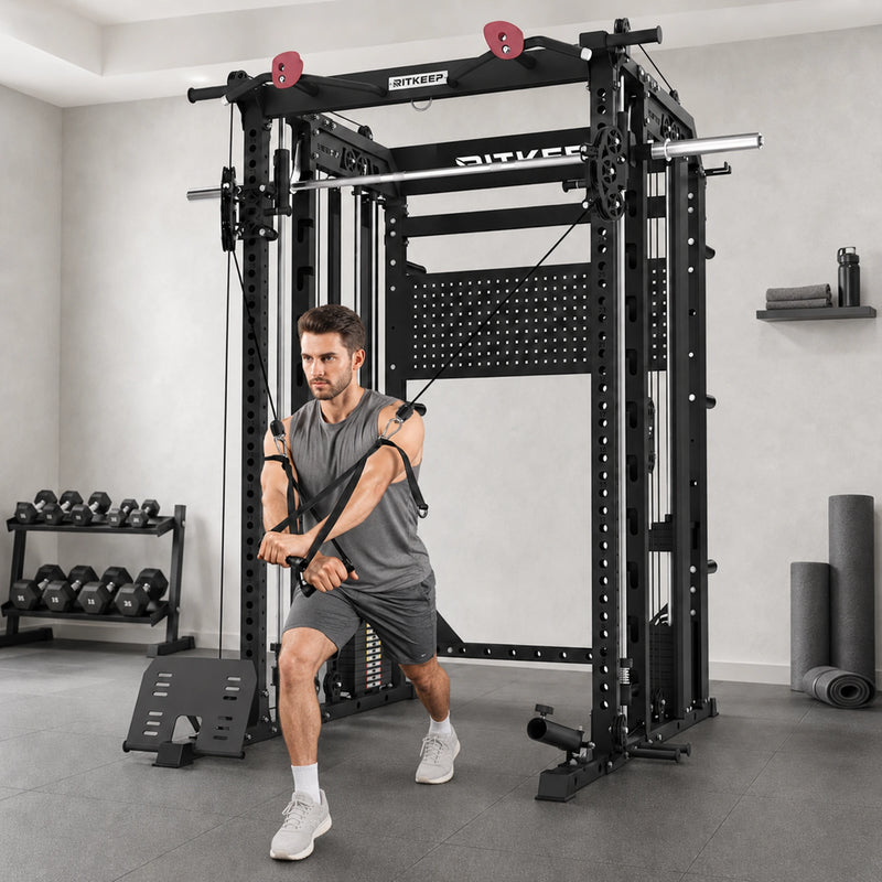 A Man doing shoulder press on RitKeep Nimitz N1 Smith machine