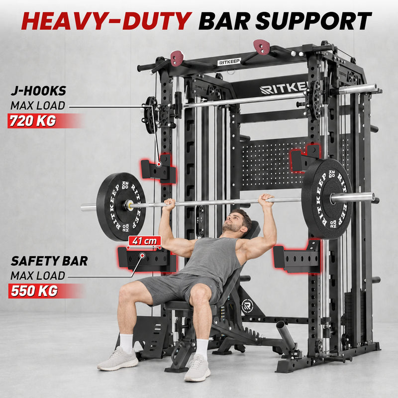 Woman performing bench press and dip exercises on RitKeep Nimitz N1 Smith Machine