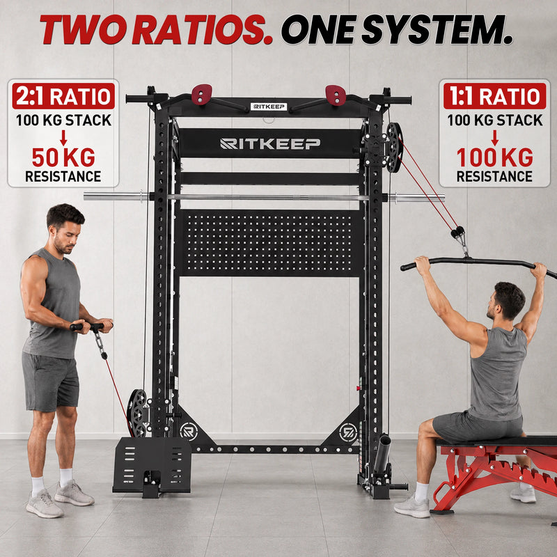 Switchable 1:1 and 2:1 pulley ratio on Nimitz N1 Smith machine