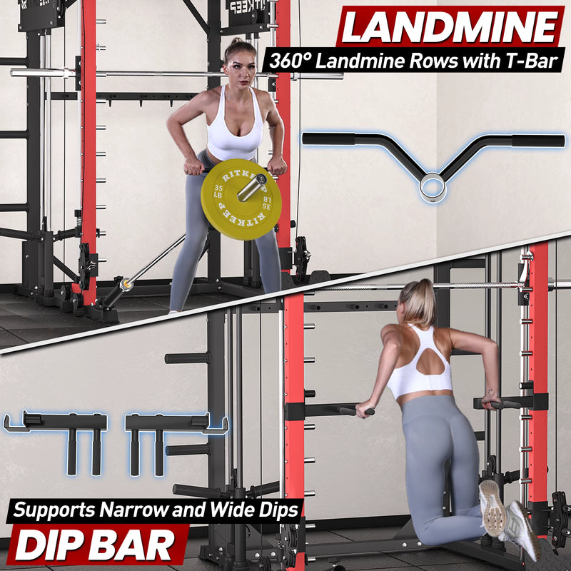 A fitness model stength training using landmine and the dip bar attachment on a RitKeep PMAX 4750 smith machine.