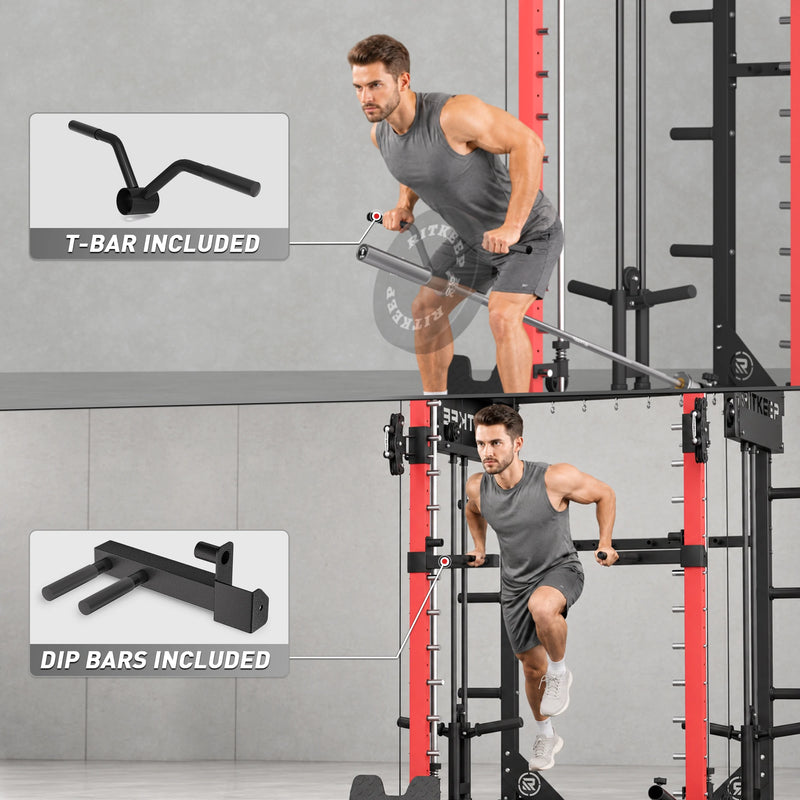 A fitness model stength training using landmine and the dip bar attachment on a RitKeep PMAX 4750 smith machine.