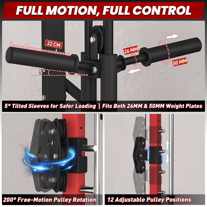 RitKeep PMAX 4750 multi-functional Smith machine showing adjustable pulley sleeve and flexible rotation range.