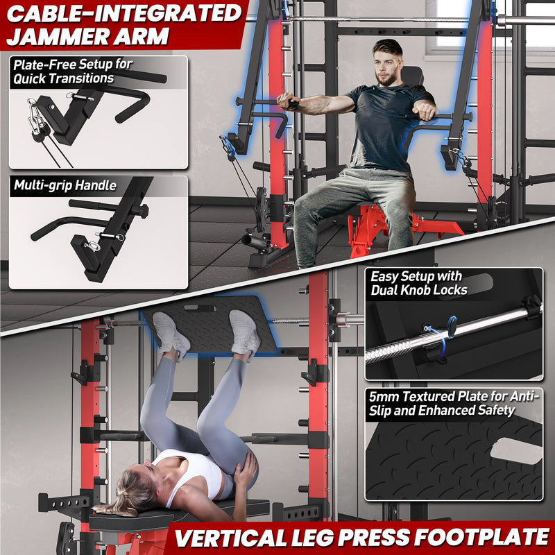 Fitness models using jammer arms and the leg press board attachment on a RitKeep PMAX 4750 all in one smith machine