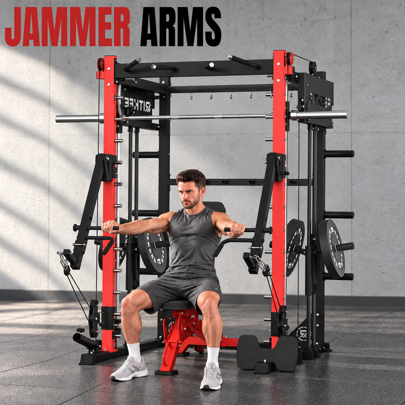 Fitness models using jammer arms and the leg press board attachment on a RitKeep PMAX 4750 all in one smith machine
