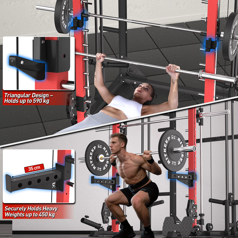 Fitness models workouts using j hooks and the safety arm attachment on a RitKeep smith machine.