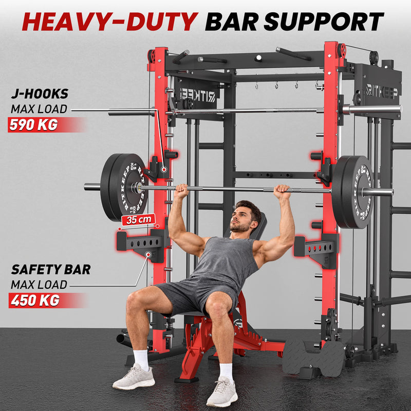 Fitness models workouts using j hooks and the safety arm attachment on a RitKeep smith machine.