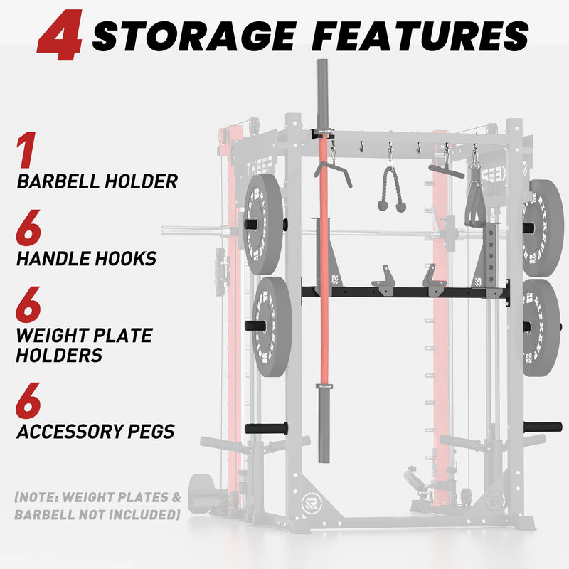 Showing built in storage attachments on Ritkeep PMAX 4750 all in one Smith machine