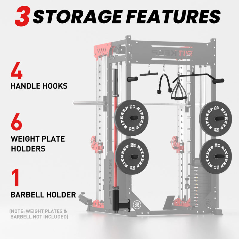 Ritkeep PMAX 5600 Smith machine showing built-in storage for home gym