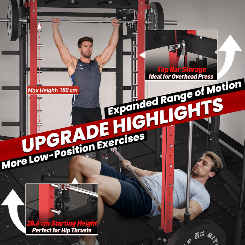 RitKeep PMAX 4750 smith machine showing expanded height adjustment range for overhead press and hip thrust exercises.