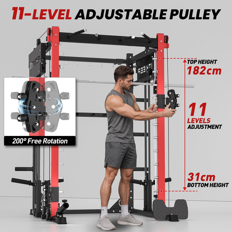 RitKeep PMAX 4750 smith machine showing expanded height adjustment range for overhead press and hip thrust exercises.
