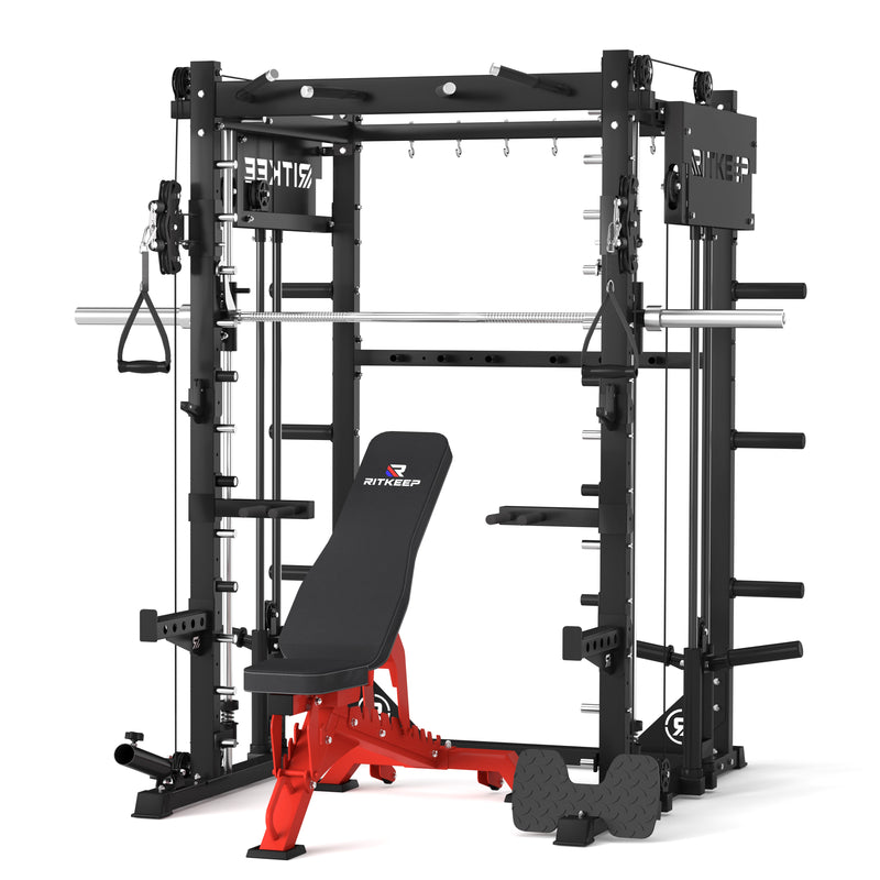 RitKeep PMAX 4750 Dual Plate Loaded Multi Functional Smith Machine and red weight bench combo