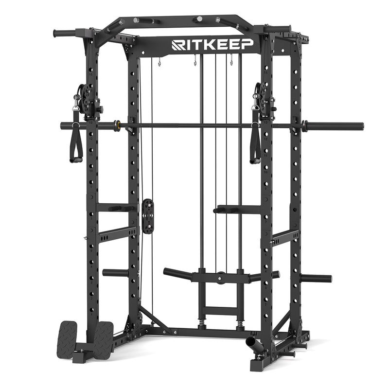 RitKeep Destroyer M10 Home Gym Power Rack With Pulley System in black with barbell combo
