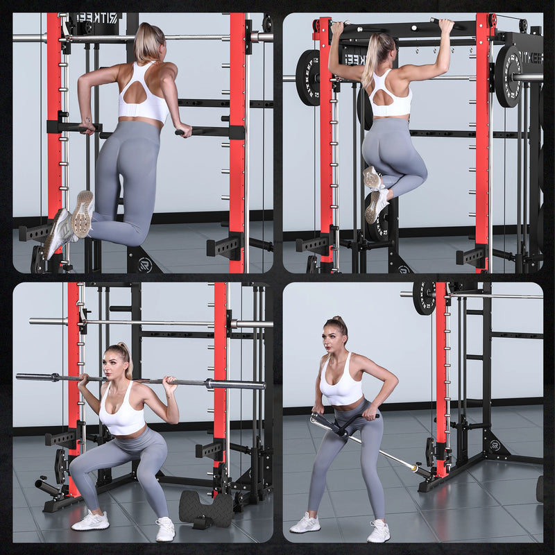 Models doing exercises with dip bar and barbell on the RitKeep PMAX 4750 smith machine