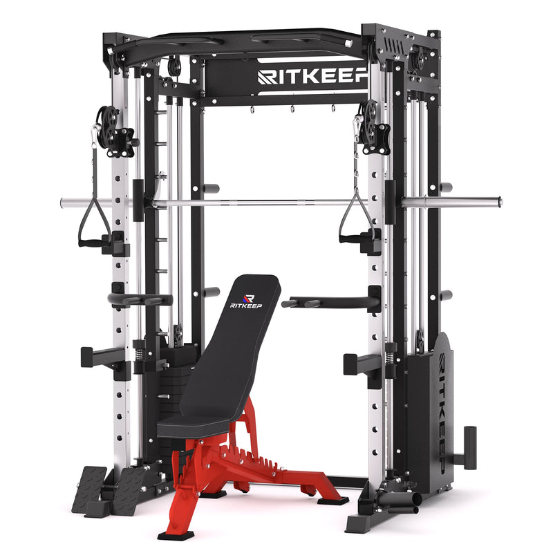 RitKeep PMAX-5600 all-in-one Smith machine with 150kg weight stack and weight bench in red combo