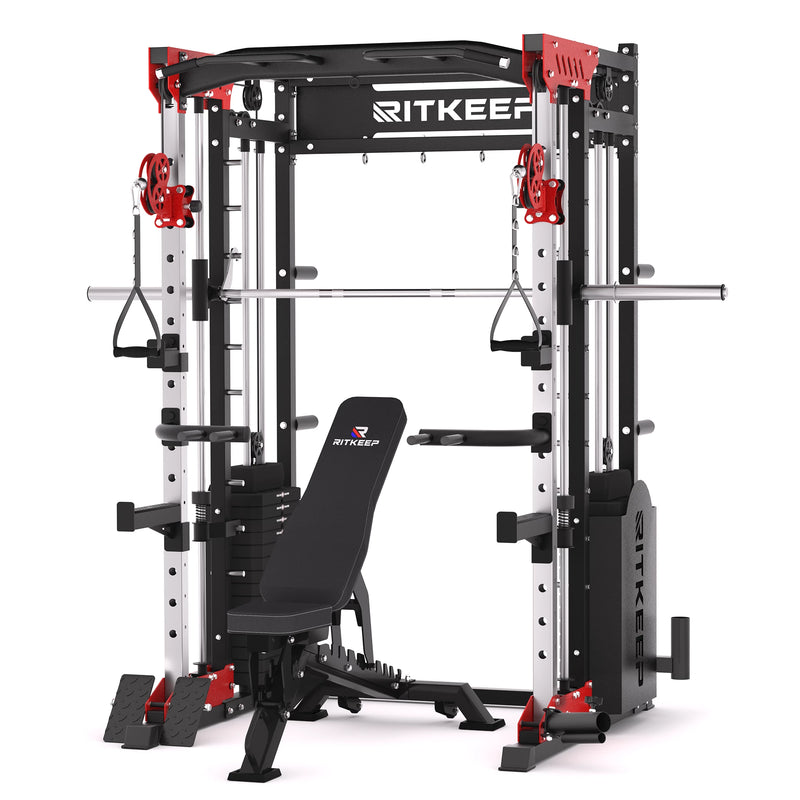 RitKeep PMAX-5600 all-in-one Smith machine with 150kg weight stack in black and red