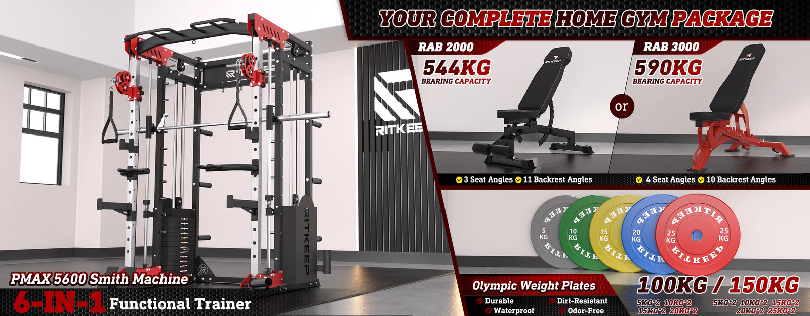 Ritkeep PMAX 5600 All in one Smith machine Package included weight bench and weight plates