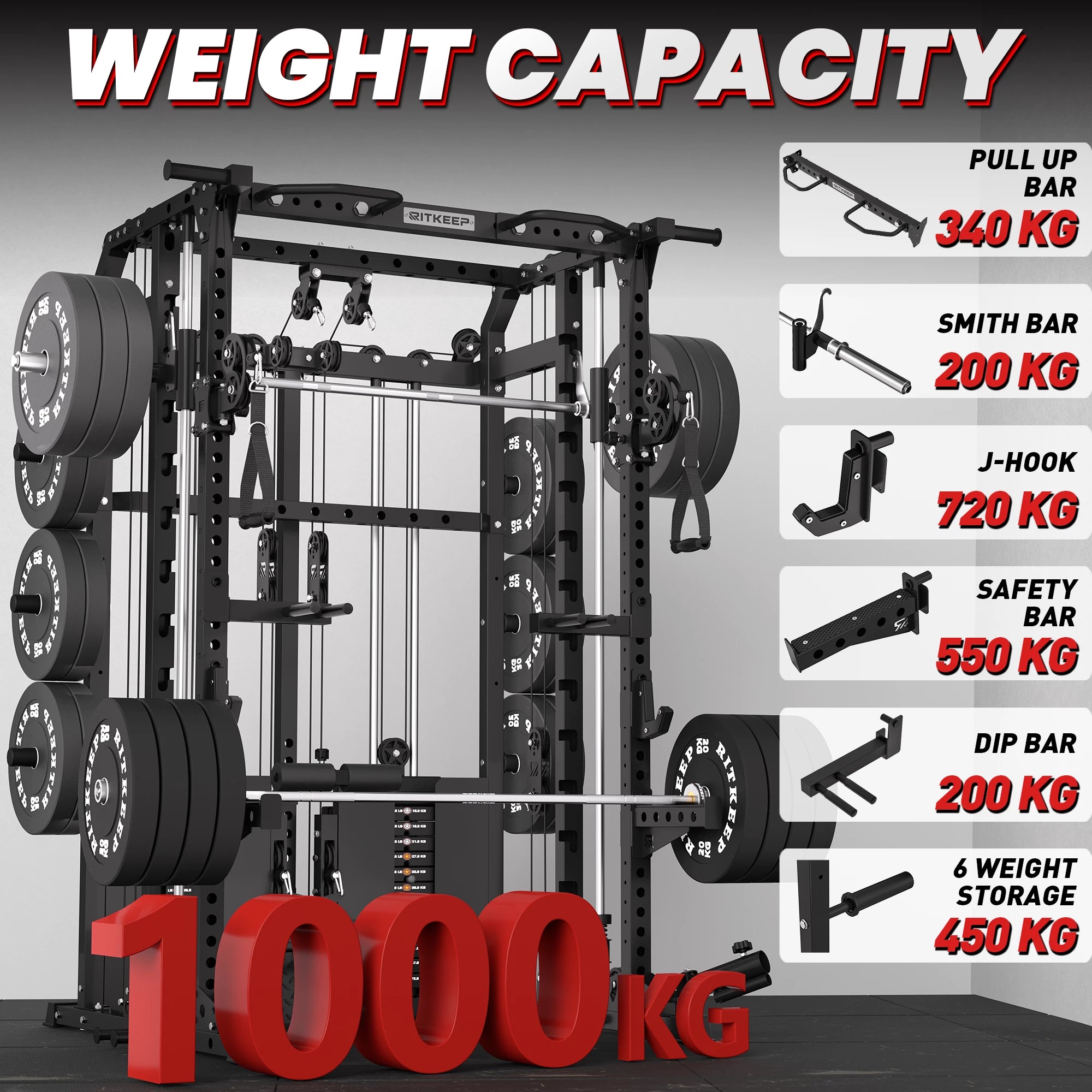 200kg weight with hook ANVIL-S1 Home Gym Smith Machine With Rear Dual Weight Stack