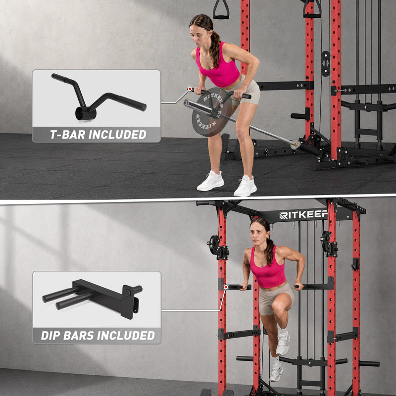 RitKeep Destroyer M10 power rack with pulley system band pegs for banded bench press and assisted pull-ups.