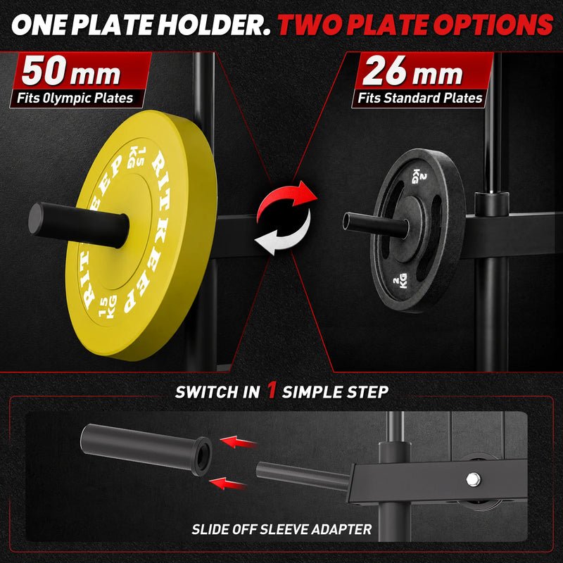 RitKeep Destroyer M10 Home Gym Power Rack With Pulley System with adjustable weight plate storage peg for standard and olympic plates.