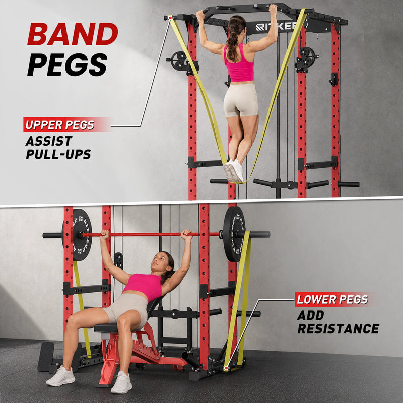 RitKeep Destroyer M10 power rack with pulley system showing row and dip exercise with T-bar and dip bar attachment