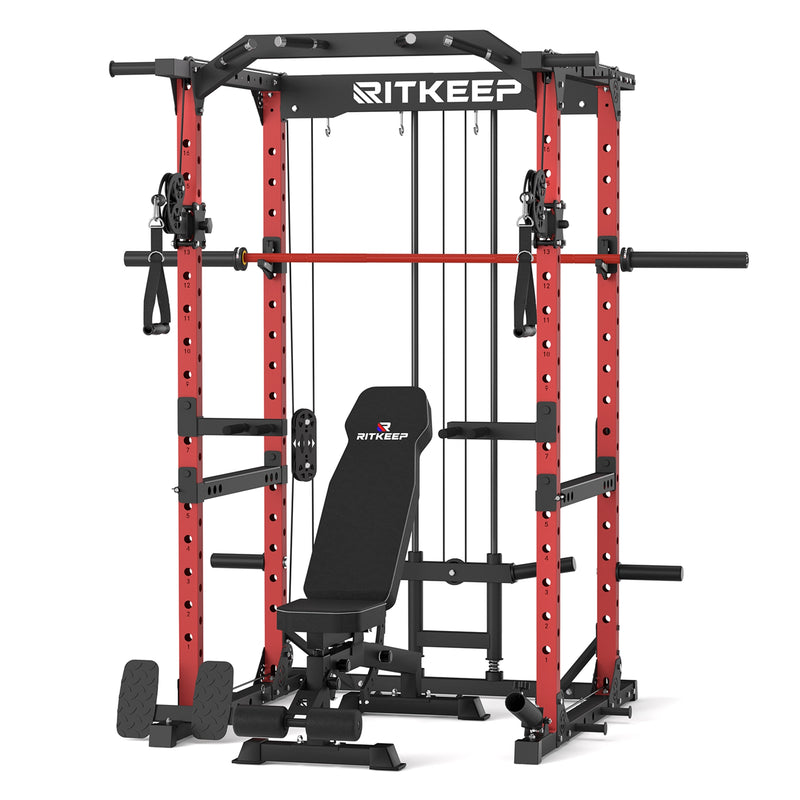 RitKeep Destroyer M10 Home Gym Power Rack With Pulley System in red with Black RAB 2000 Weight bench and barbell combo