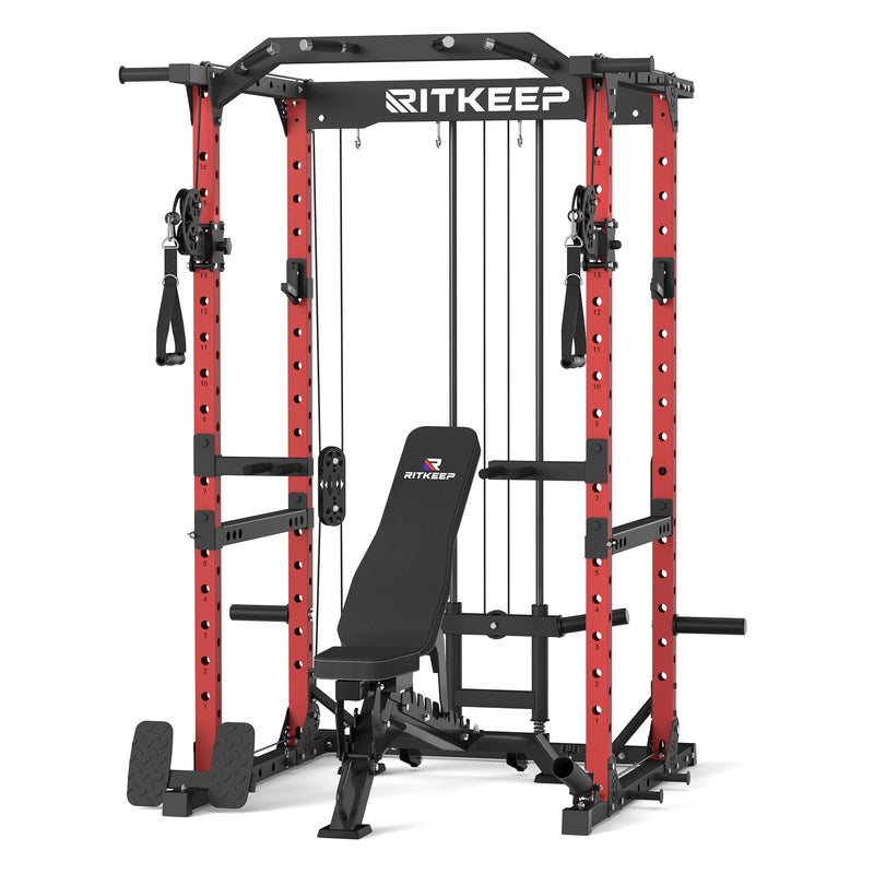 RitKeep Destroyer M10 Home Gym Power Rack With Pulley System in red with Black RAB 3000 Weight bench combo