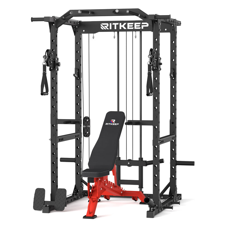 RitKeep Destroyer M10 Home Gym Power Rack With Pulley System in black with red RAB 3000 Weight bench combo