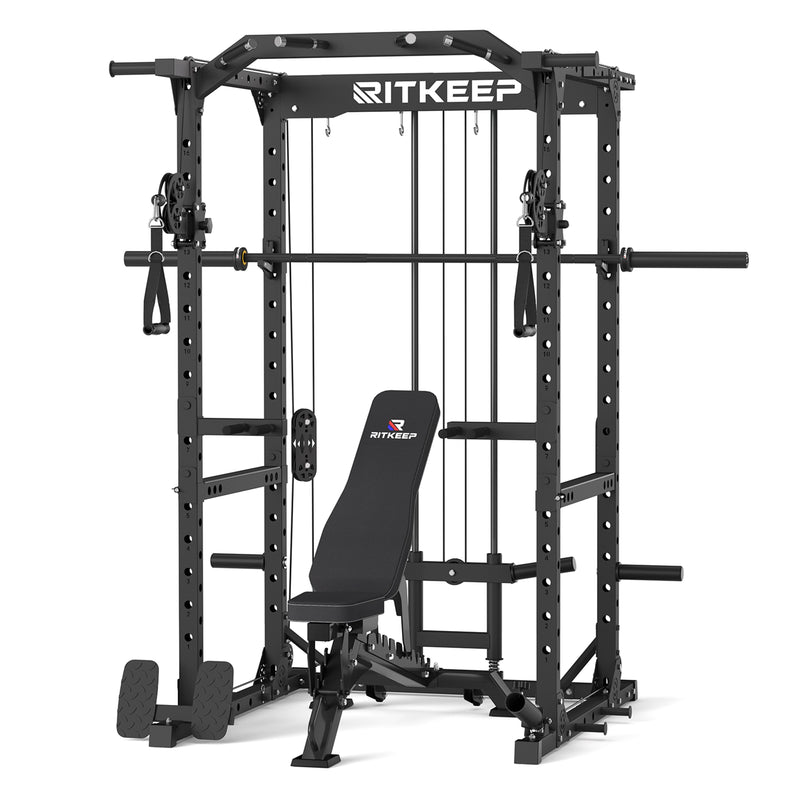 RitKeep Destroyer M10 Home Gym Power Rack With Pulley System in black  with weight bench and barbell combo