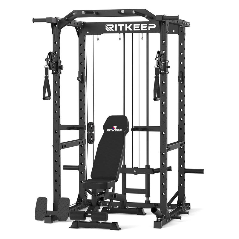RitKeep Destroyer M10 black power rack with pulley system and RAB 2000 weight bench combo for home gym.