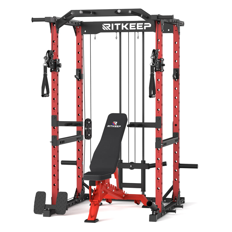RitKeep Destroyer M10 Home Gym Power Rack With Pulley System in red with RAB 3000 Weight bench