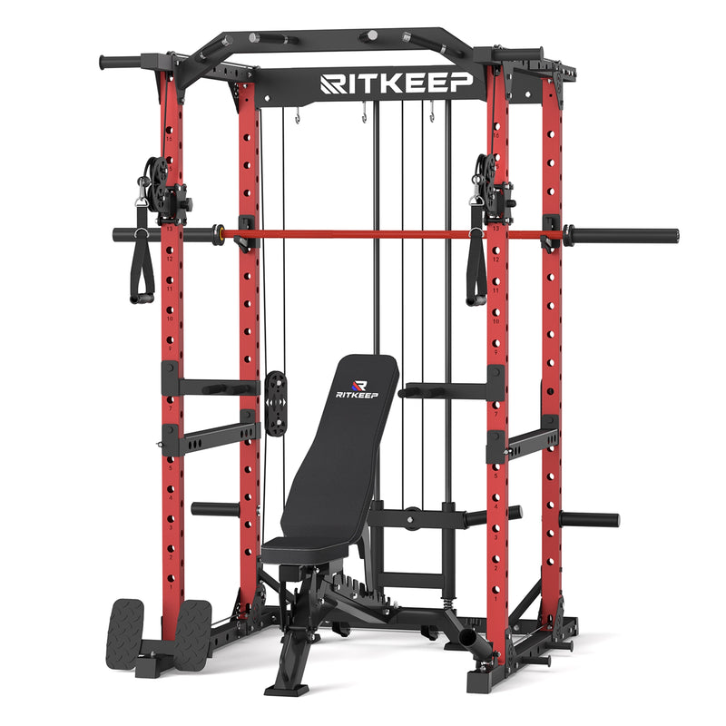 RitKeep Destroyer M10 Home Gym Power Rack With Pulley System in red with Black RAB 3000 Weight bench and  barbell combo