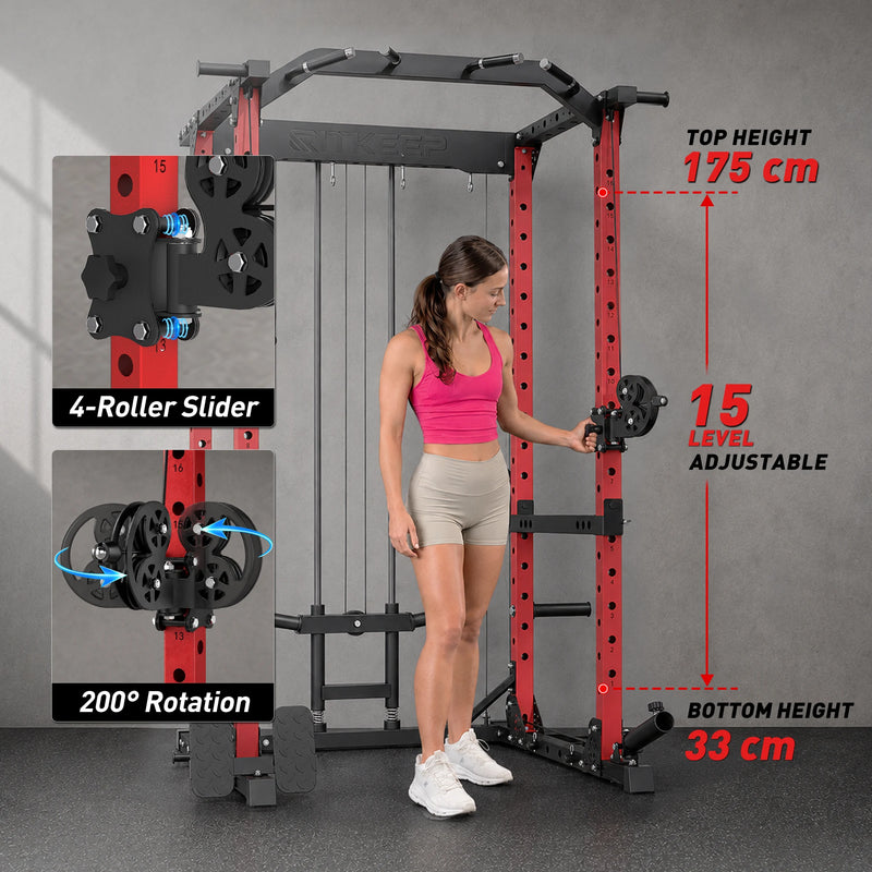 RitKeep Destroyer M10 power rack with pulley system with 4-roller pulley slider and swivel cable crossover system for home gym.