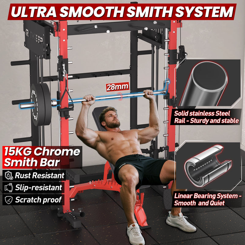 An athlete doing incline bench press on the RitKeep PMAX 4750 all in one smith machine