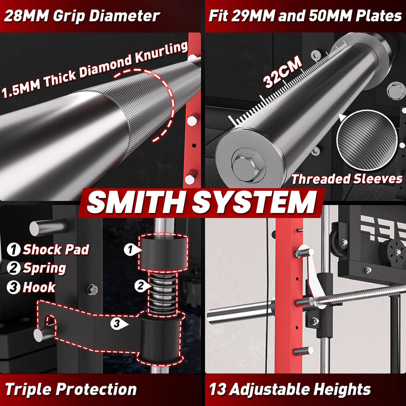 Showing the detailed components, barbell grip, and safety features of the RitKeep PMAX 4750 Smith machine smith system.