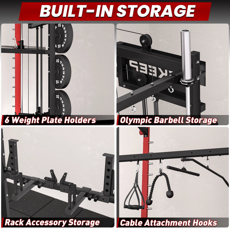 Showing built in storage attachments on Ritkeep PMAX 4750 all in one Smith machine