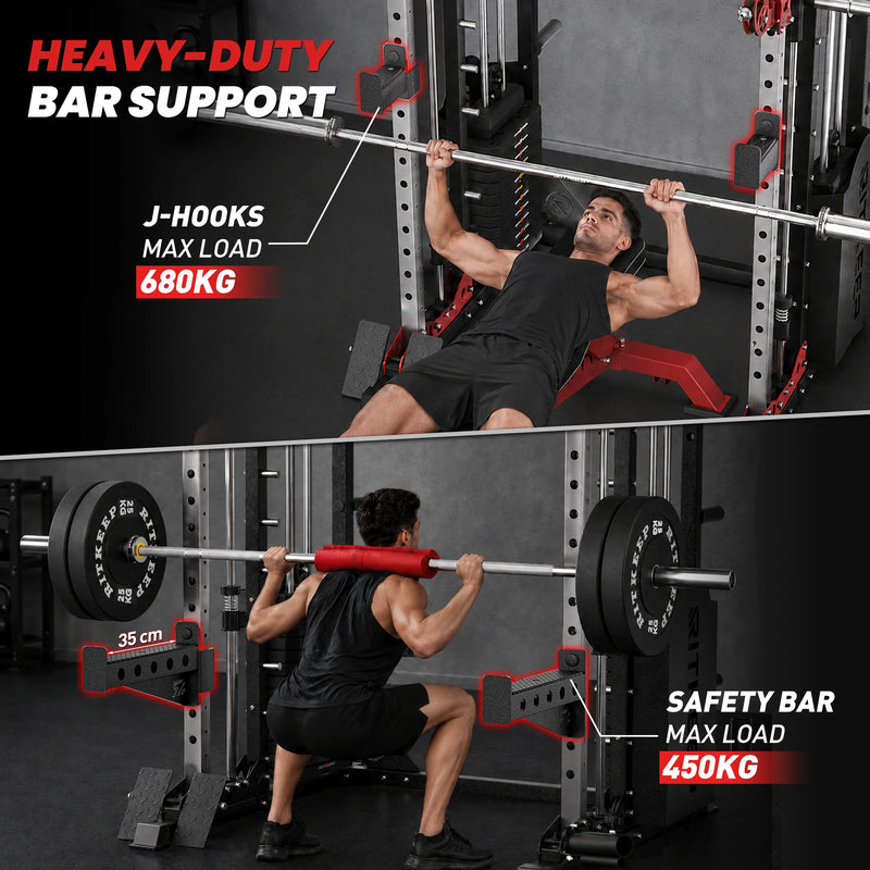 Ritkeep PMAX 5600 Smith machine showing safety arm and j hooks