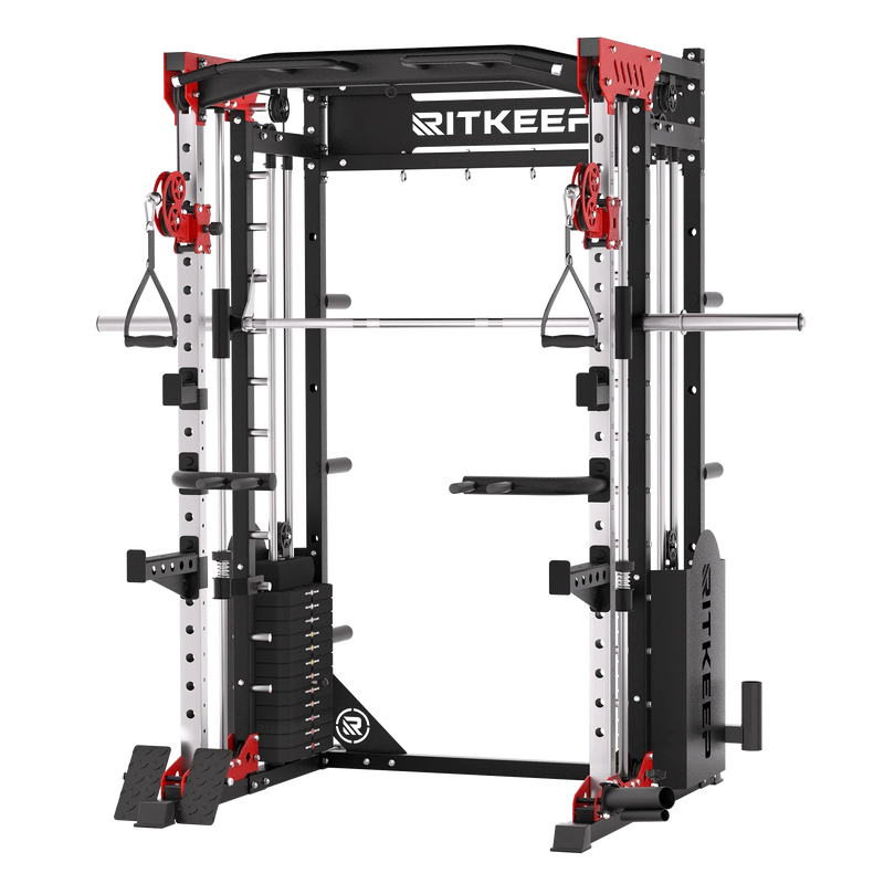 RitKeep PMAX-5600 all-in-one Smith machine with 150kg weight stack in red