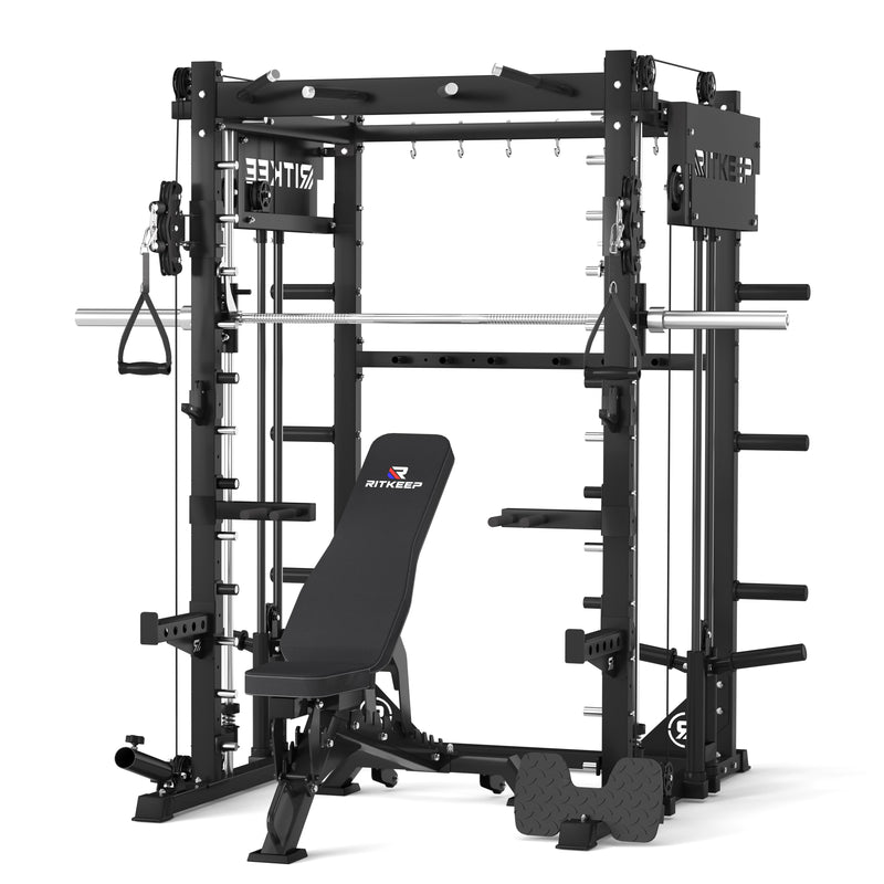 RitKeep PMAX 4750 Dual Plate Loaded Multi Functional Smith Machine and black weight bench combo