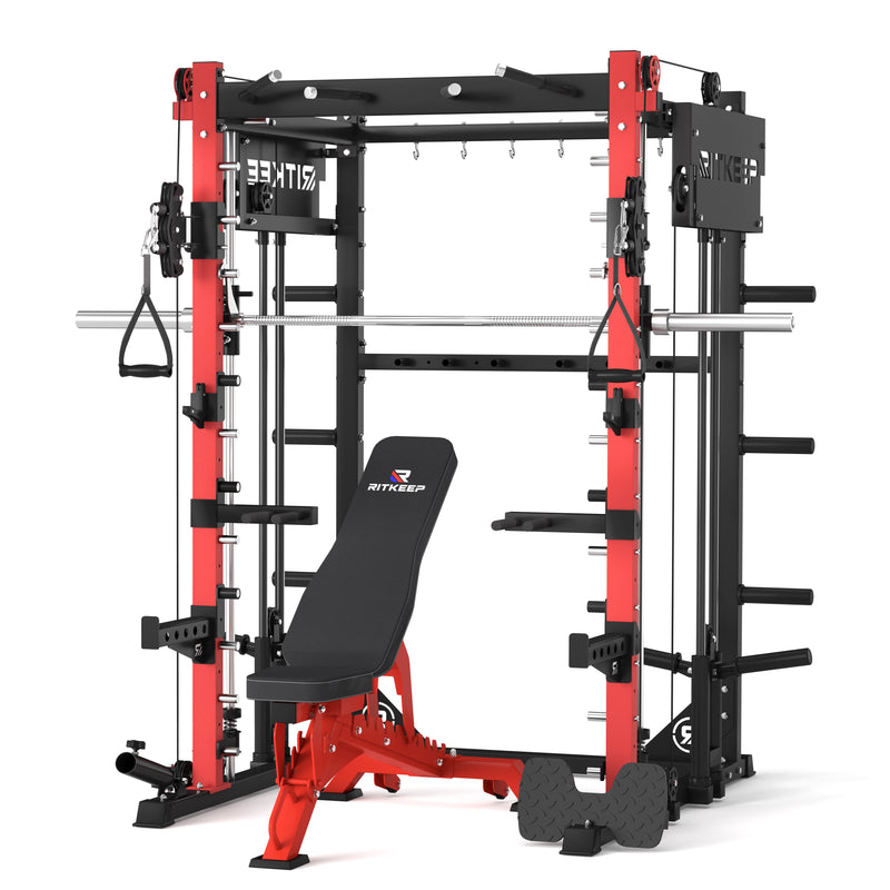 RitKeep red PMAX 4750 Dual Plate Loaded Multi Functional Smith Machine and red weight bench combo