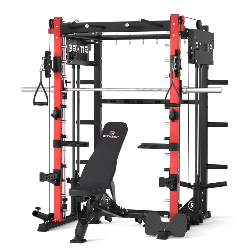 RitKeep PMAX 4750 Dual Plate Loaded Multi Functional Smith Machine and black weight bench combo