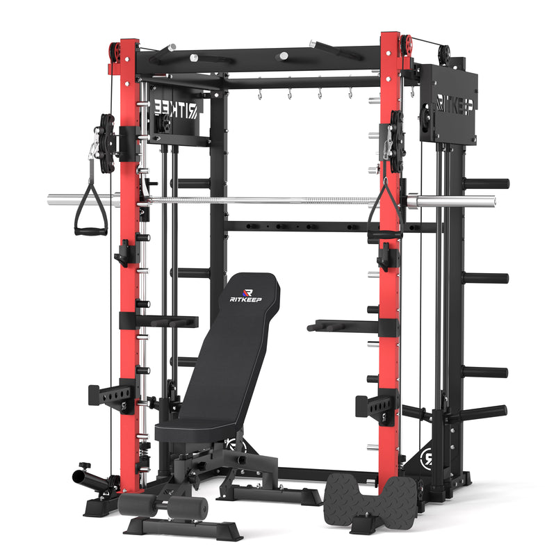 RitKeep PMAX 4750 Dual Plate Loaded Multi Functional Smith Machine and black weight bench combo