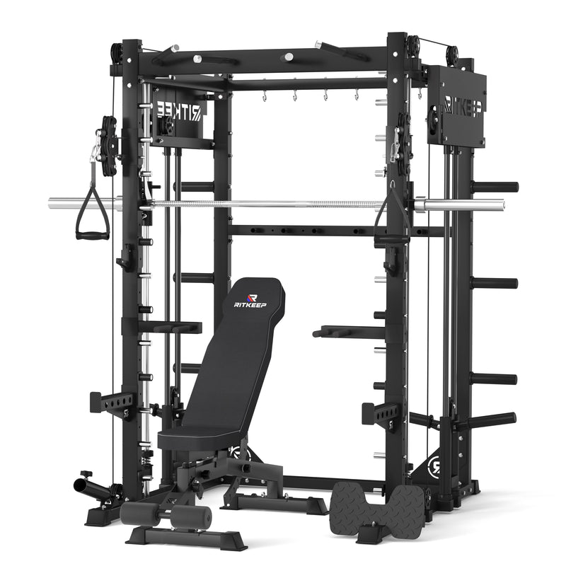 RitKeep PMAX 4750 Dual Plate Loaded Multi Functional Smith Machine and black weight bench combo
