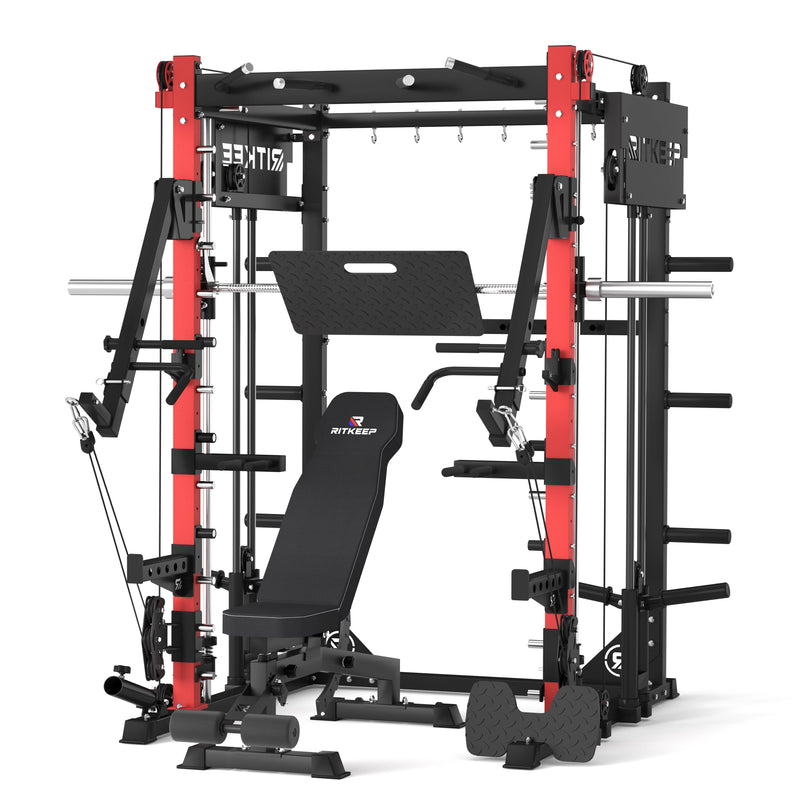 RitKeep PMAX 4750 Dual Plate Loaded Multi Functional Smith Machine Pius and black weight bench combo