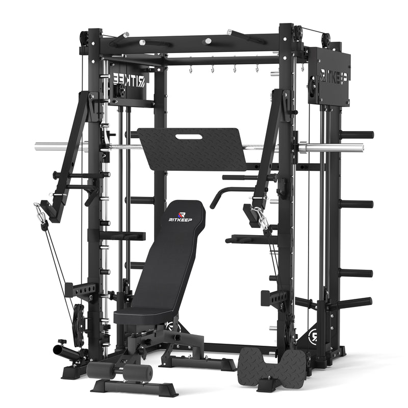 RitKeep PMAX 4750 Dual Plate Loaded Multi Functional Smith Machine Plus and black weight bench combo